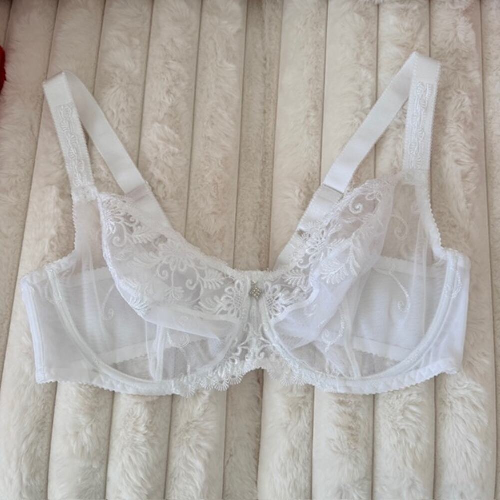 WiesMANN Bra 40F White Floral Underwired‎ Jewel Detail Unlined Lacy Romantic - Picture 11 of 13